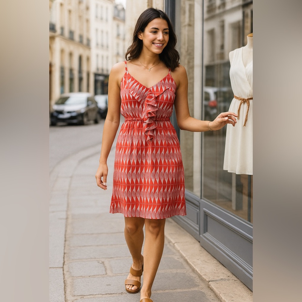 Hot & Delicious - Ruffled front V-neck spaghetti strap lightweight dress.